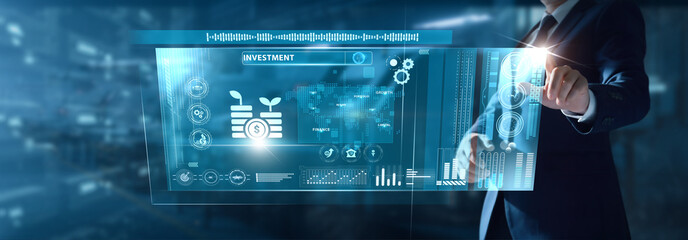 Businessman analyzing Investment data on virtual interface portfolio performance, capital growth, market signals, asset allocation, financial returns.