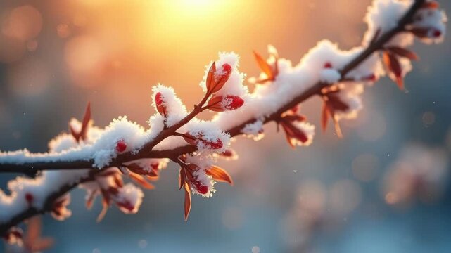 Snow-covered branch with budding leaves sparkles in the golden sunlight, surrounded by a dreamy, blurred bokeh background 
