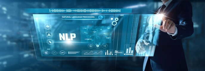 Businessman analyzing NLP data on virtual interface language models, text patterns, sentiment insights, AI interpretation, communication analytics.