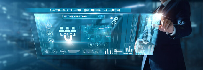 Businessman analyzing Lead Generation data on virtual interface prospect flow, conversion trends, campaign insights, audience reach, sales funnel metrics.