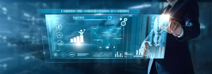 Businessman analyzing Success data on virtual interface goal achievement, growth indicators, performance milestones, positive outcomes, strategic progress.