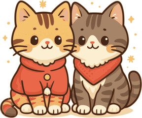 Obraz premium Cute Kawaii style kitten cats Merry Christmas theme cartoon illustration 