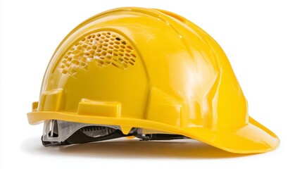 Fototapeta premium A close-up shot of a bright yellow construction helmet set against a white backdrop, angled slightly. It has a vent