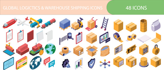 Fototapeta premium Global logistics and warehouse shipping icons set in isometric design