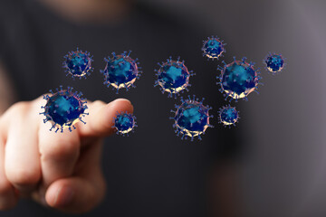 Conceptual image of a hand touching floating viruses, representing disease, pandemic, and medical concepts. Id