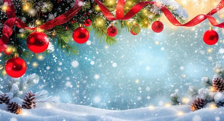 Festive Christmas background with snowy landscape and red decorations