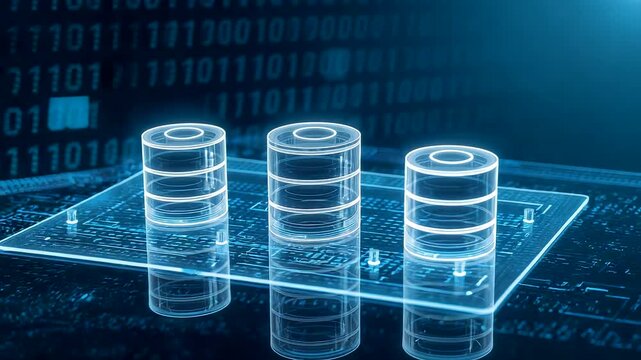 Blue Glowing Database Cylinders Stacked On Transparent Platform Binary Code Background Digital Storage Server Concept