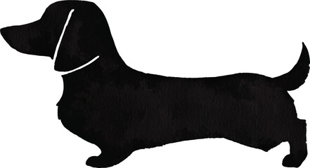 Watercolor silhouette illustration of Miniature Dachshund in black