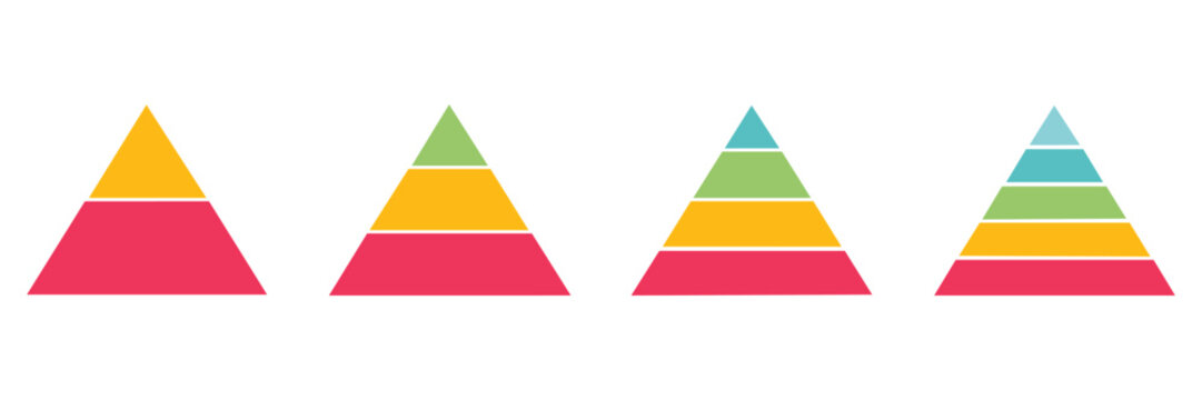 Pyramid infographic colorful set. Triangle hierarchy data segments collection. Vector business illustration.