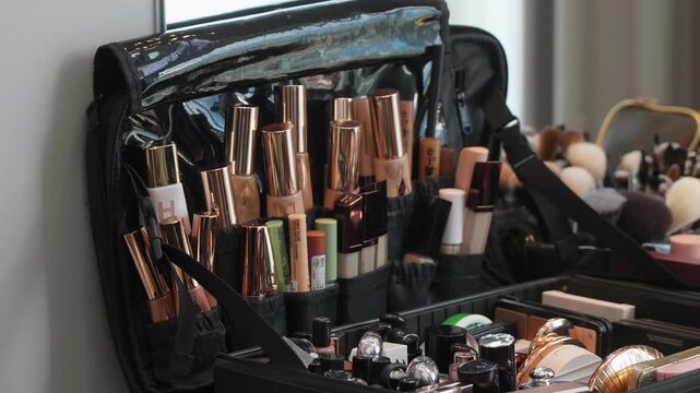Bridal Makeup Kit Open On Vanity Showcasing Rose Gold Brushes, Lipsticks, Palettes And Sponges Neatly Arranged In Professional Black Case Makeup Artist Prepping Bride For Wedding Day, Organized