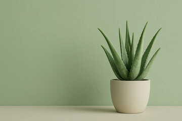 Aloe Vera Plant in Ceramic Pot on Sage Green Wall with Clean Minimalist Background