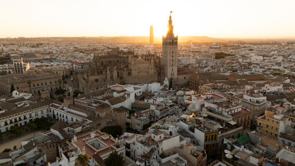 Naklejka premium Summer sunset aerial view of the historic old town city center of Seville, Andalusia, Spain.