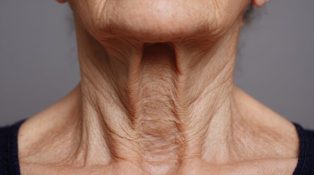 Elderly woman's aging neck skin displaying wrinkles, creases, and loose sagging texture, highlighting signs of natural aging, dermatology, and skin care concerns