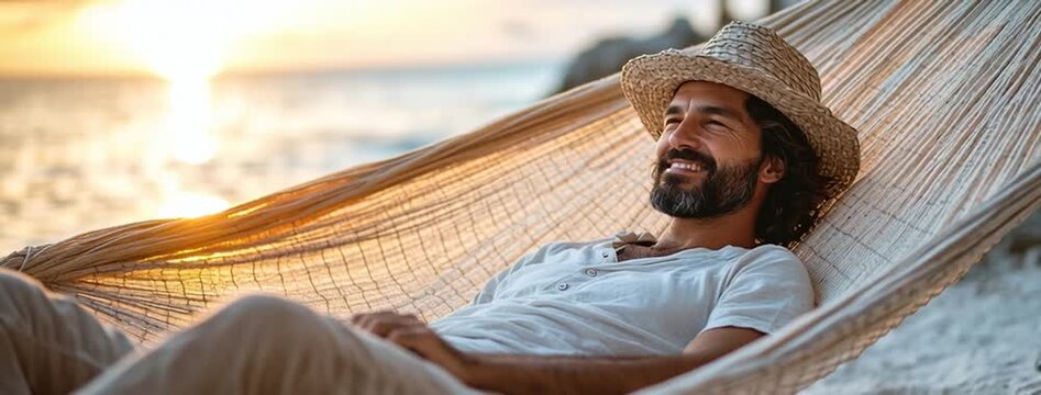 handsome businessman laying on a hammock, relaxing at a beach on his holiday 