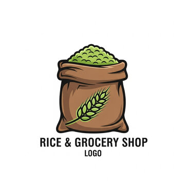 Cartoon logo design for a rice and grocery shop featuring a burlap sack filled with grain and a wheat stalk icon