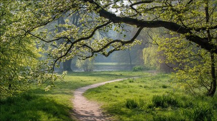 Sunlit Spring Path Winding Through Green Grass With Budding Branches and Soft Haze in the Background