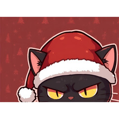 Soft Pastel Annoyed Black Cat in Cozy Santa Hat &ndash; Cute Christmas Cartoon Illustration
