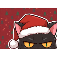 Soft Pastel Annoyed Black Cat in Cozy Santa Hat &ndash; Cute Christmas Cartoon Illustration