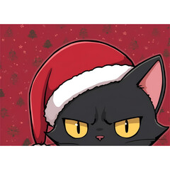Soft Pastel Annoyed Black Cat in Cozy Santa Hat &ndash; Cute Christmas Cartoon Illustration
