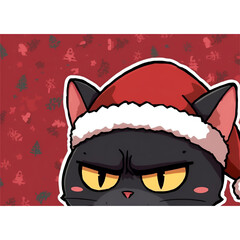 Soft Pastel Annoyed Black Cat in Cozy Santa Hat &ndash; Cute Christmas Cartoon Illustration