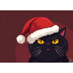 Soft Pastel Annoyed Black Cat in Cozy Santa Hat &ndash; Cute Christmas Cartoon Illustration