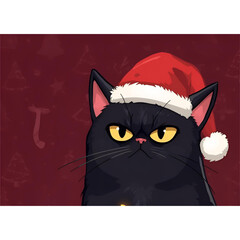 Soft Pastel Annoyed Black Cat in Cozy Santa Hat &ndash; Cute Christmas Cartoon Illustration
