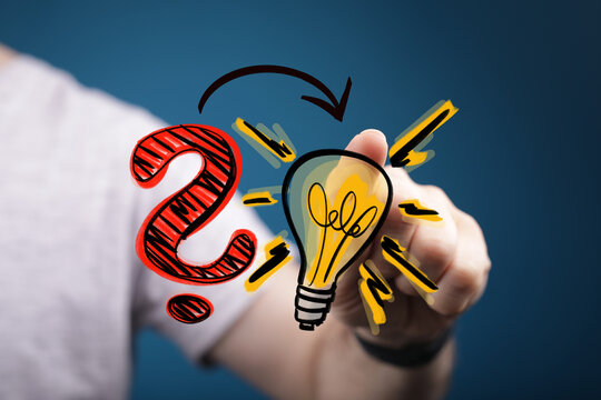 Conceptual image of a hand connecting a question mark to a bright light bulb, illustrating the journey from inquiry to inspiration and effective