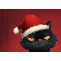 Soft Pastel Annoyed Black Cat in Cozy Santa Hat &ndash; Cute Christmas Cartoon Illustration