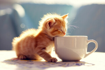 Adorable ginger kitten curiously sniffing a large white coffee cup