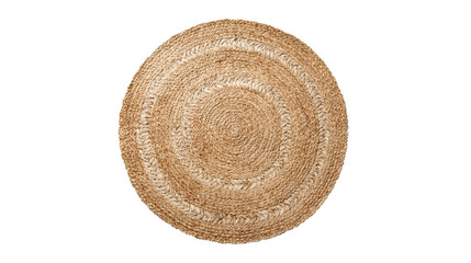 Round natural fiber rug displaying woven jute texture and circular braided pattern, providing rustic home decor element on transparent background