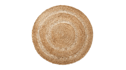 Round natural fiber rug displaying woven jute texture and circular braided pattern, providing rustic home decor element on transparent background