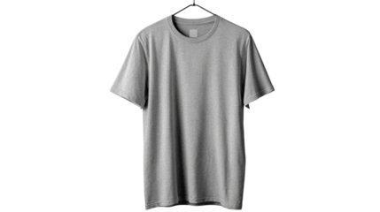 Blank gray t shirt hanging on a black hanger, presenting an empty customizable garment mockup for branding, clothing design, or casual apparel display on a transparent background
