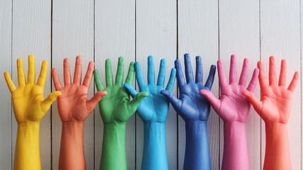 Brightly colored hand arranged in a row on white wood