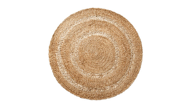 Round natural fiber rug displaying woven jute texture and circular braided pattern, providing rustic home decor element on transparent background
