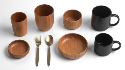 Assortment of wooden and black tableware and cutlery