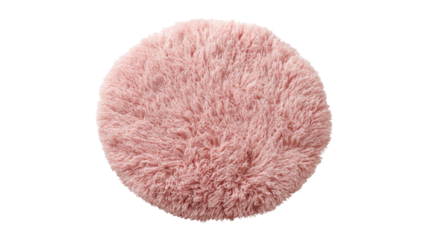 Round pink faux fur rug providing softness and comfort, a cozy fluffy shaggy carpet element with plush textile texture isolated on transparent background