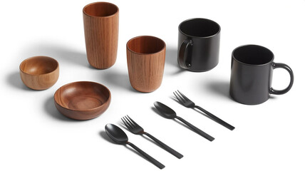 Assortment of wooden and black tableware and cutlery