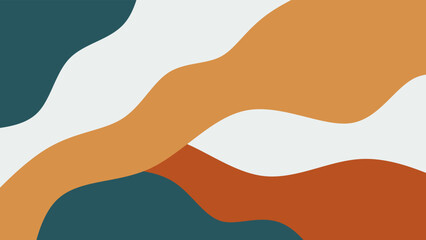 Abstract wavy background with earth tones. Liquid curved shapes in teal, orange and white. Minimalist wavy background.