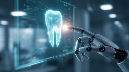 Dentist assistant android robot's hand reaching toward a glowing holographic human tooth projected on a digital screen. Concept of AI technology in healthcare, medicine and dentistry.