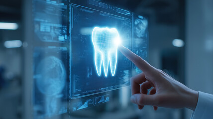Dentist's hand reaching toward a glowing holographic tooth projected on a digital screen. Concept of healthcare and medicine, innovation and medical dental technology.