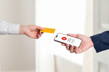 Contactless card payment declined on smartphone screen, illustrating failed mobile transaction, payment error, and digital checkout problem