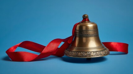 A close-up shot of a golden bell with intricate carvings, a red ribbon wrapped around it against a blue backdrop
