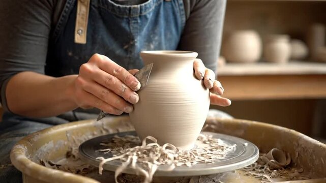 Close-up of potter's hands shaping wet clay on a spinning pottery wheel