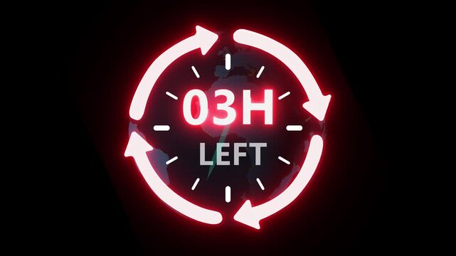 24 hours clock with circle arrow and the numbers 03 Hour left. video animation on alpha channel on background. ast speed with moving timer clock 4k video animation.