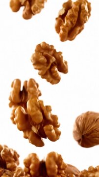 Walnuts Falling in Slow Motion Against White Background