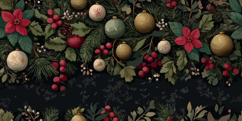 Luxurious and rich Christmas botanical seamless pattern with festive ornaments, red berries, and dark foliage for home decor and high-end packaging