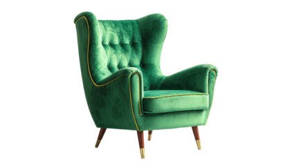 Green velvet wingback armchair with tufted upholstery and gold piping, classic vintage styling for elegant, cozy living spaces, isolated on transparent background