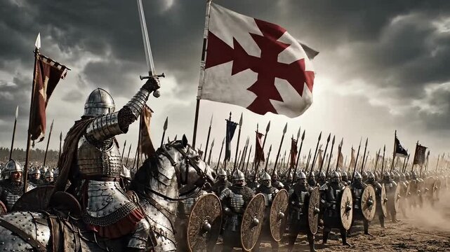 Medieval knight in shining armor on horseback raises sword leading a massive army under dramatic stormy skies toward battle