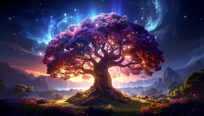 Majestic Tree of Life Under a Starry Night Sky.