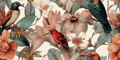 Obraz premium Intricate engraved tropical bird and blossom seamless pattern in warm colors for high-end fashion, luxury packaging, and textiles